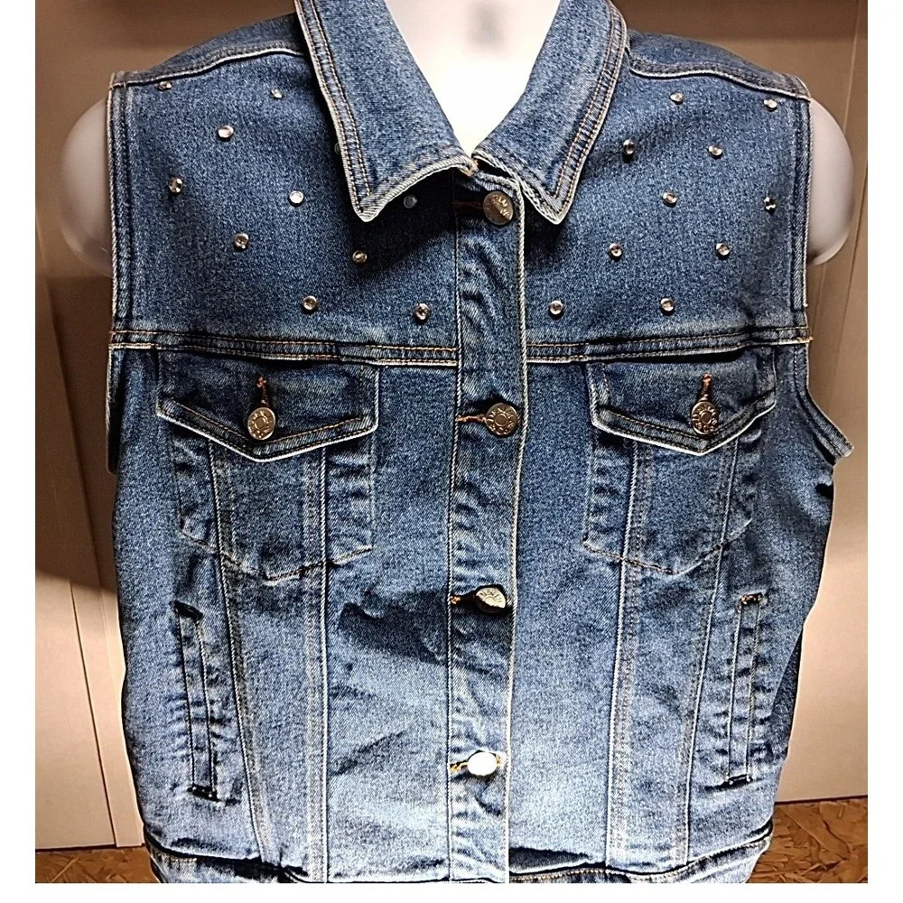 Denim & Co Womens Medium Wash Rhinestone Studded Denim Vest Blue Large L
